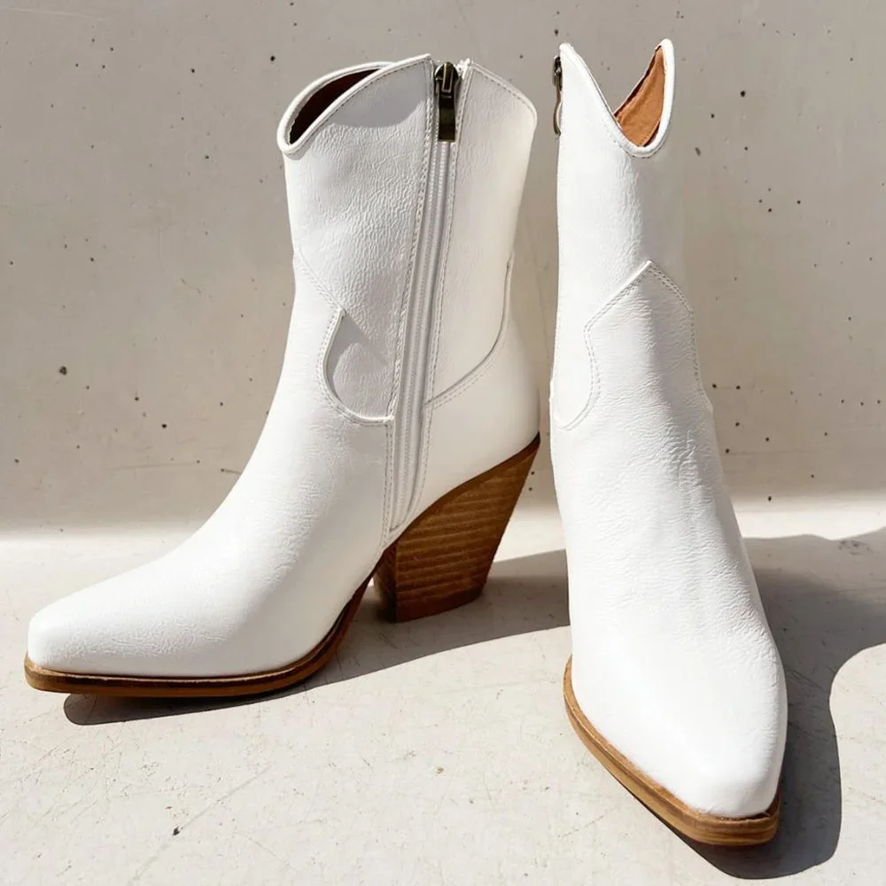 NEW Pointy Toe Stack Block Heel Western Curved Mid Ankle Booties Boots Off White - Picture 3 of 13